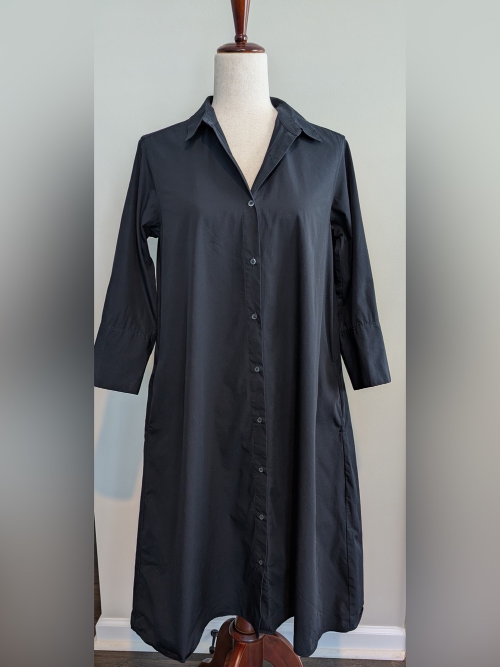 Uniqlo Women’s U Long-Sleeve Shirt Dress 100% Cotton Button Up Dark Blue Small